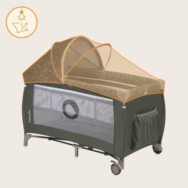 Patut pliant, Lionelo, Sven Plus, 120x60 cm, Cu doua nivele, Cu arcada jucarii, masuta de infasat, vibratii, melodii, conform cu standardele europeane de securitate EN716 si EN12221, Bej Olive BYNLO-SVEN_PLUS_BEIGE_OLIVE