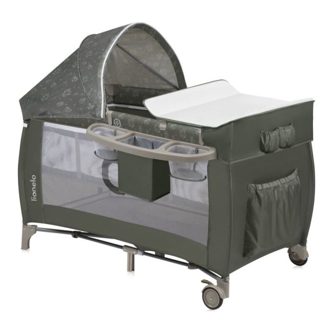 Patut pliant, Lionelo, Sven Plus, 120x60 cm, Cu doua nivele, Cu arcada jucarii, masuta de infasat, vibratii, melodii, conform cu standardele europeane de securitate EN716 si EN12221, Bej Olive BYNLO-SVEN_PLUS_BEIGE_OLIVE