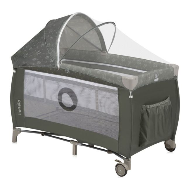 Patut pliant, Lionelo, Sven Plus, 120x60 cm, Cu doua nivele, Cu arcada jucarii, masuta de infasat, vibratii, melodii, conform cu standardele europeane de securitate EN716 si EN12221, Bej Olive BYNLO-SVEN_PLUS_BEIGE_OLIVE