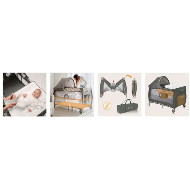 Patut pliant, Lionelo, Sven Plus, 120x60 cm, Cu doua nivele, Cu arcada jucarii, masuta de infasat, vibratii, melodii, conform cu standardele europeane de securitate EN716 si EN12221, Bej Olive BYNLO-SVEN_PLUS_BEIGE_OLIVE