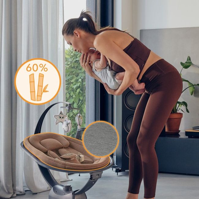 Balansoar si sezlong, Lionelo, Blossom, 5 melodii, 5 moduri de balansare, Cu jucarii, Husa respirabila, 60% bambus, Cu telecomanda, Reglare pozitie scaun pentru somn, Pana la 9 kg, Gri BYNLO-BLOSSOM_GREY_CONCRETE