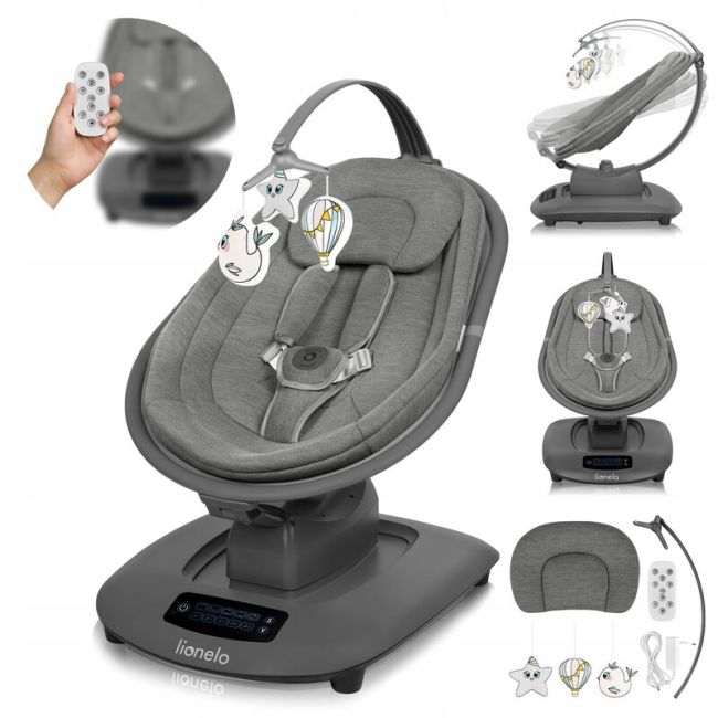 Balansoar si sezlong, Lionelo, Blossom, 5 melodii, 5 moduri de balansare, Cu jucarii, Husa respirabila, 60% bambus, Cu telecomanda, Reglare pozitie scaun pentru somn, Pana la 9 kg, Gri BYNLO-BLOSSOM_GREY_CONCRETE
