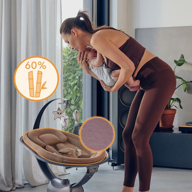 Balansoar si sezlong, Lionelo, Blossom, 5 melodii, 5 moduri de balansare, Cu jucarii, Husa respirabila, 60% bambus, Cu telecomanda, Reglare pozitie scaun pentru somn, Pana la 9 kg, Mov BYNLO-BLOSSOM_PINK_MAUVE