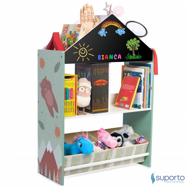 Biblioteca copii Suporto Verde, Organizator cu raft pentru carti, Cutii depozitare jucarii, Tabla de desen, Mobilier din Lemn MDF, Dulap tip casuta SPTBIB1VE