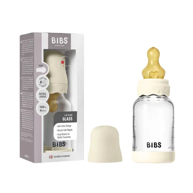 Bibs - set complet biberon boheme din sticla anticolici cu tetina din latex, flux lent, 120 ml, ivory bbb50192216