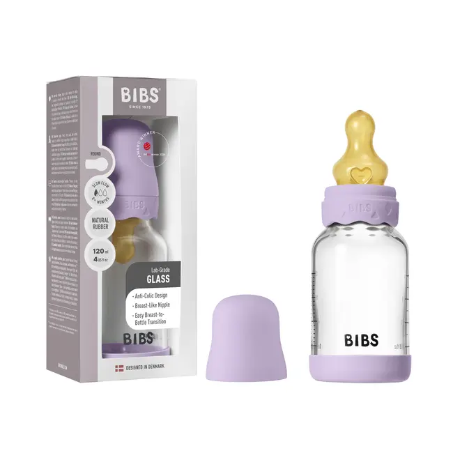 Bibs - set complet biberon boheme din sticla anticolici cu tetina din latex, flux lent, 120 ml, violet sky bbb50192291