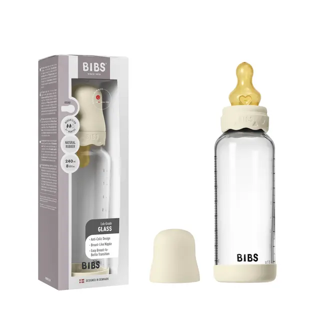 Bibs - set complet biberon boheme din sticla anticolici cu tetina din latex, flux mediu, 240 ml, ivory bbb50202216