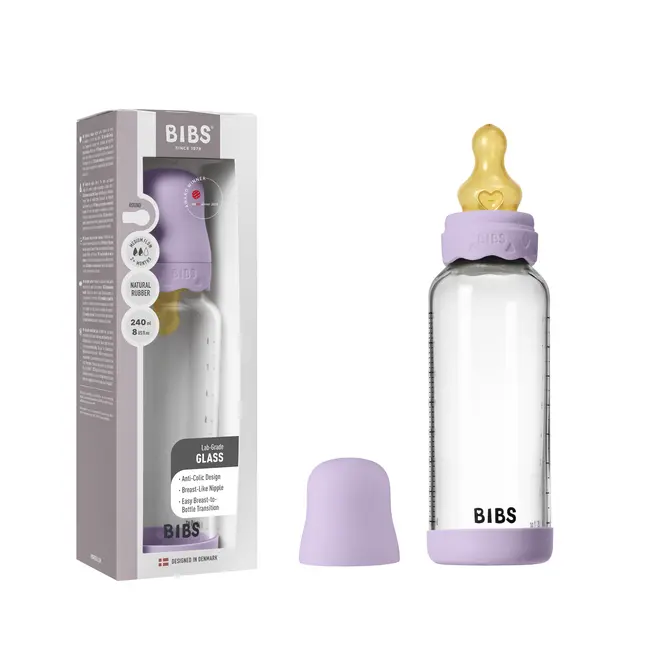 Bibs - set complet biberon boheme din sticla anticolici cu tetina din latex, flux mediu, 240 ml, violet sky bbb50202291