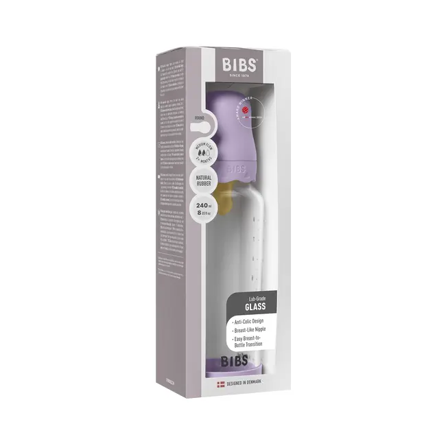 Bibs - set complet biberon boheme din sticla anticolici cu tetina din latex, flux mediu, 240 ml, violet sky bbb50202291