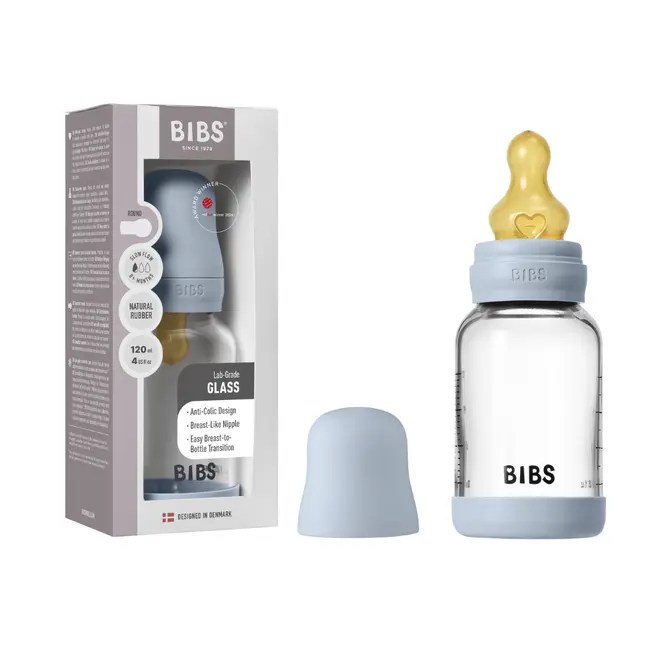 Bibs - set complet biberon din sticla anticolici cu tetina din latex, flux lent, 120 ml, baby blue bbb5019231