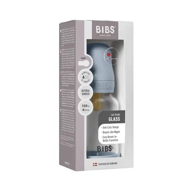 Bibs - set complet biberon din sticla anticolici cu tetina din latex, flux lent, 120 ml, baby blue bbb5019231