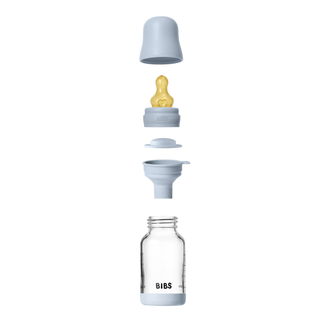 Bibs - set complet biberon din sticla anticolici cu tetina din latex, flux lent, 120 ml, baby blue bbb5019231