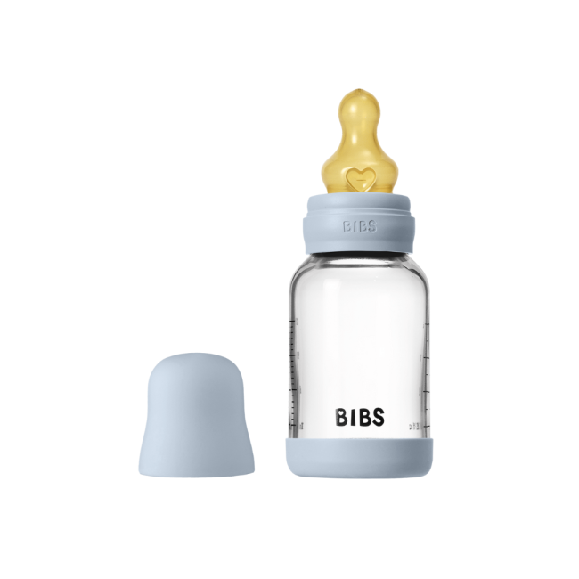 Bibs - set complet biberon din sticla anticolici cu tetina din latex, flux lent, 120 ml, baby blue bbb5019231
