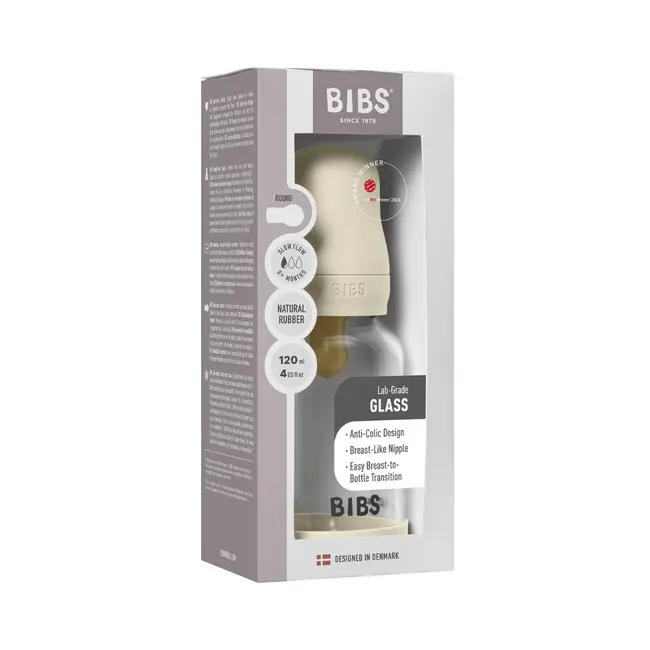 Bibs - set complet biberon din sticla anticolici cu tetina din latex, flux lent, 120 ml, ivory bbb5019216