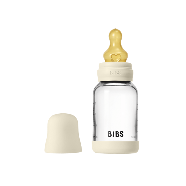 Bibs - set complet biberon din sticla anticolici cu tetina din latex, flux lent, 120 ml, ivory bbb5019216