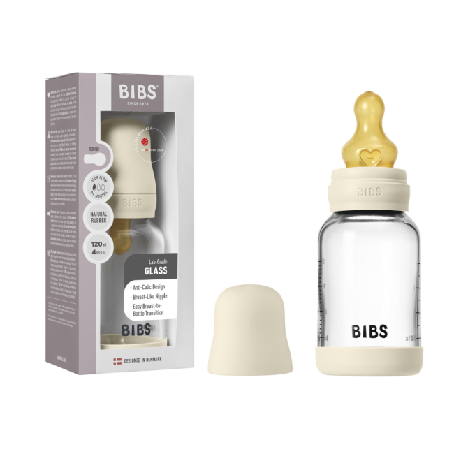 Bibs - set complet biberon din sticla anticolici cu tetina din latex, flux lent, 120 ml, ivory bbb5019216