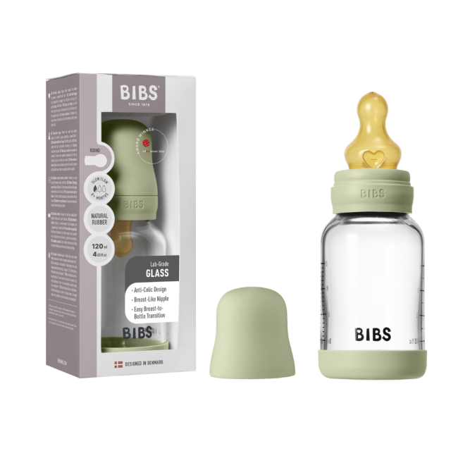 Bibs - set complet biberon din sticla anticolici cu tetina din latex, flux lent, 120 ml, sage bbb5019250