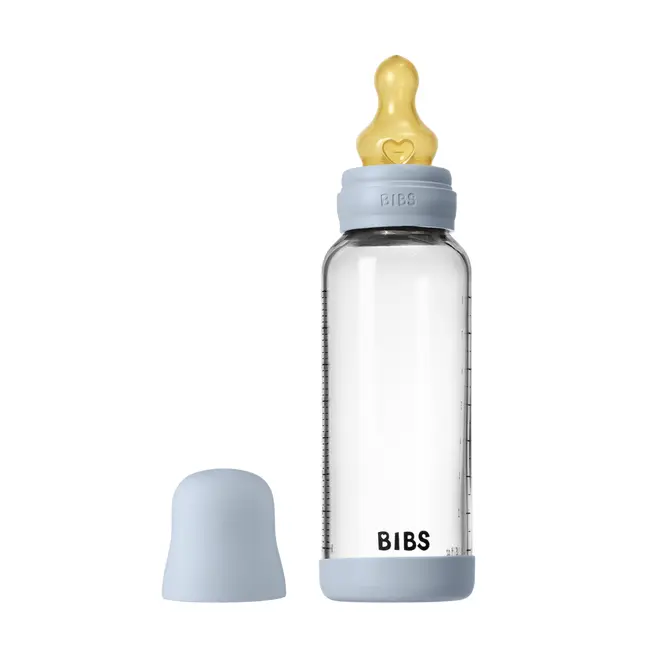 Bibs - set complet biberon din sticla anticolici cu tetina din latex, flux mediu, 240 ml, baby blue bbb5020231