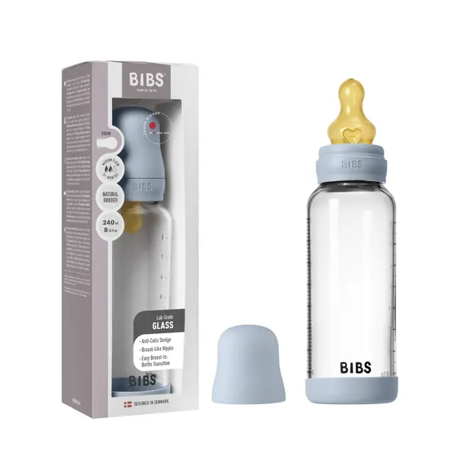 Bibs - set complet biberon din sticla anticolici cu tetina din latex, flux mediu, 240 ml, baby blue bbb5020231