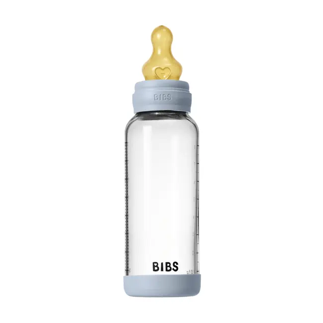 Bibs - set complet biberon din sticla anticolici cu tetina din latex, flux mediu, 240 ml, baby blue bbb5020231