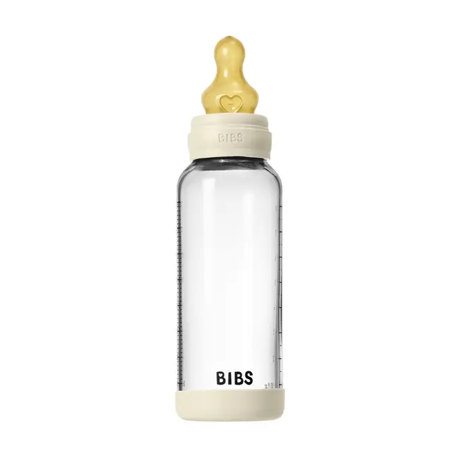 Bibs - set complet biberon din sticla anticolici cu tetina din latex, flux mediu, 240 ml, ivory bbb5020216