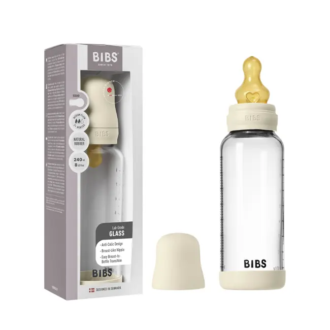 Bibs - set complet biberon din sticla anticolici cu tetina din latex, flux mediu, 240 ml, ivory bbb5020216