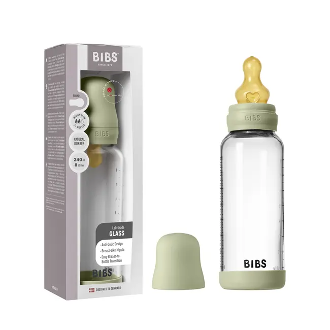 Bibs - set complet biberon din sticla anticolici cu tetina din latex, flux mediu, 240 ml, sage bbb5020250