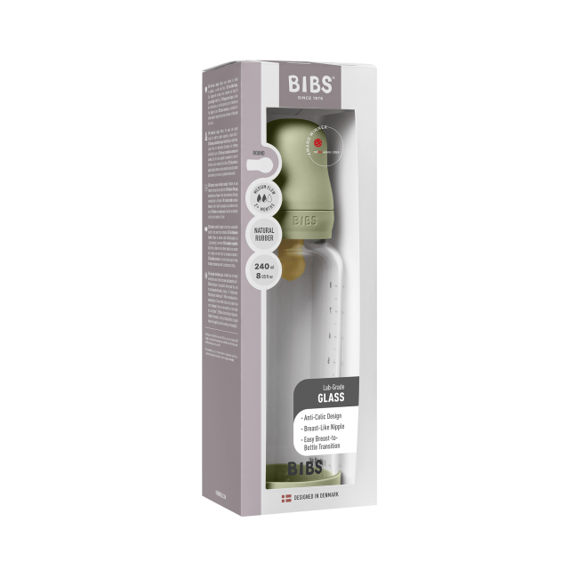Bibs - set complet biberon din sticla anticolici cu tetina din latex, flux mediu, 240 ml, sage bbb5020250