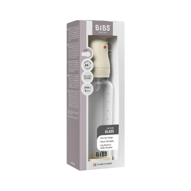 Bibs - set complet biberon din sticla anticolici cu tetina din silicon, flux mediu, 240 ml, ivory bbb50201216