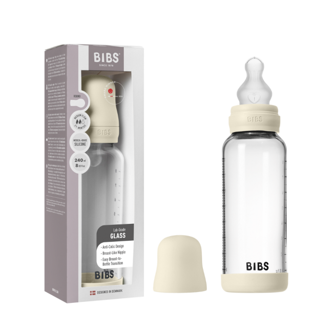 Bibs - set complet biberon din sticla anticolici cu tetina din silicon, flux mediu, 240 ml, ivory bbb50201216