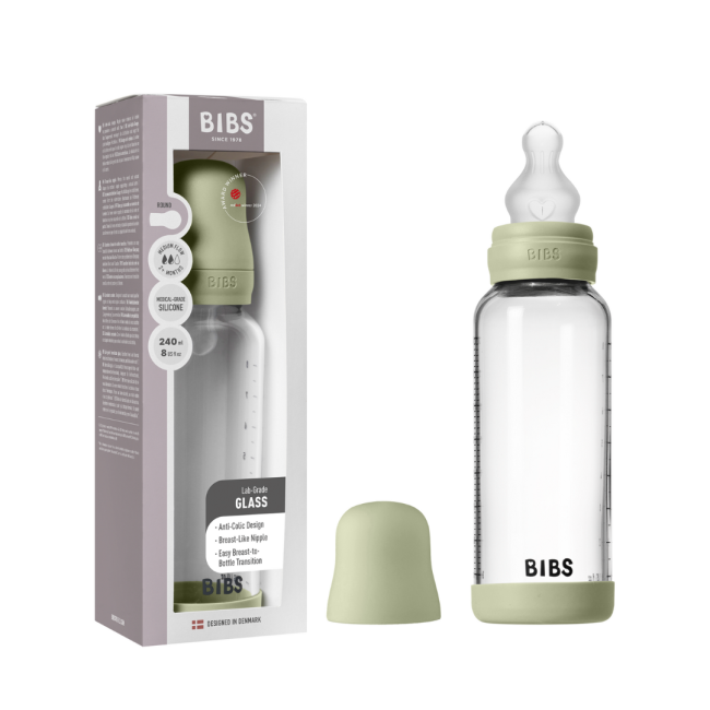 Bibs - set complet biberon din sticla anticolici cu tetina din silicon, flux mediu, 240 ml, sage bbb50201250