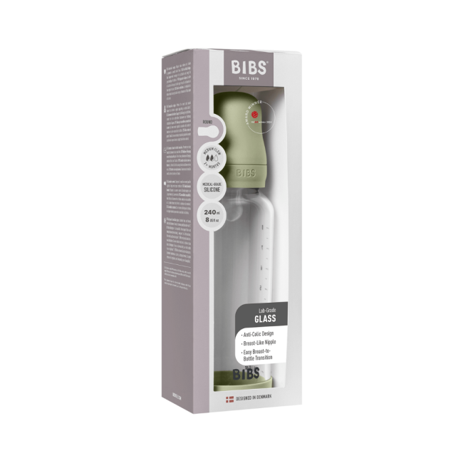 Bibs - set complet biberon din sticla anticolici cu tetina din silicon, flux mediu, 240 ml, sage bbb50201250