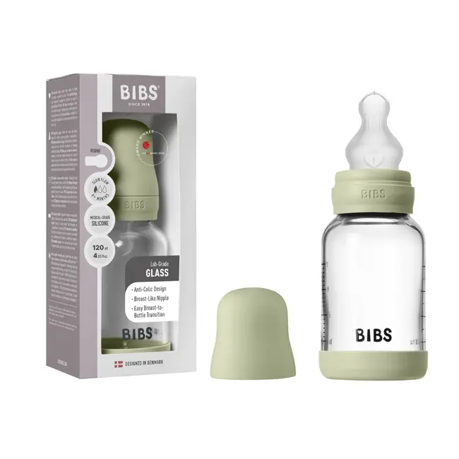 Bibs - set complet biberon din sticla anticolici cu tetina din silicon flux lent, 120 ml, sage bbb50191250