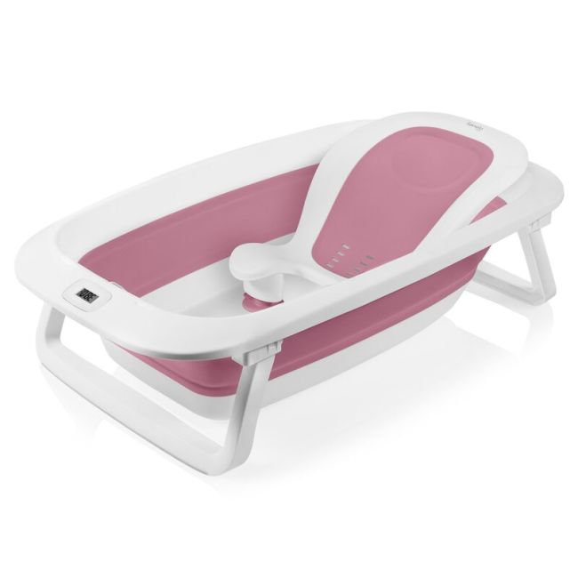 Cadita pliabila, Lionelo, Bubble, Suport anatomic si dop incluse, Cu termometru, Capacitate 50 l, 85 x 50 cm, Roz BYNLOC-BABY_BUBBLE_PINK_MAGNOLIA