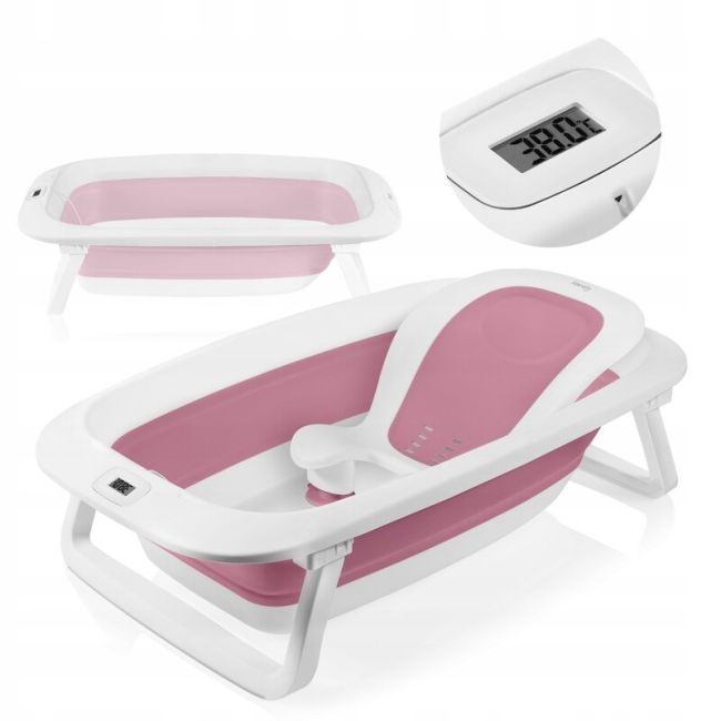 Cadita pliabila, Lionelo, Bubble, Suport anatomic si dop incluse, Cu termometru, Capacitate 50 l, 85 x 50 cm, Roz BYNLOC-BABY_BUBBLE_PINK_MAGNOLIA