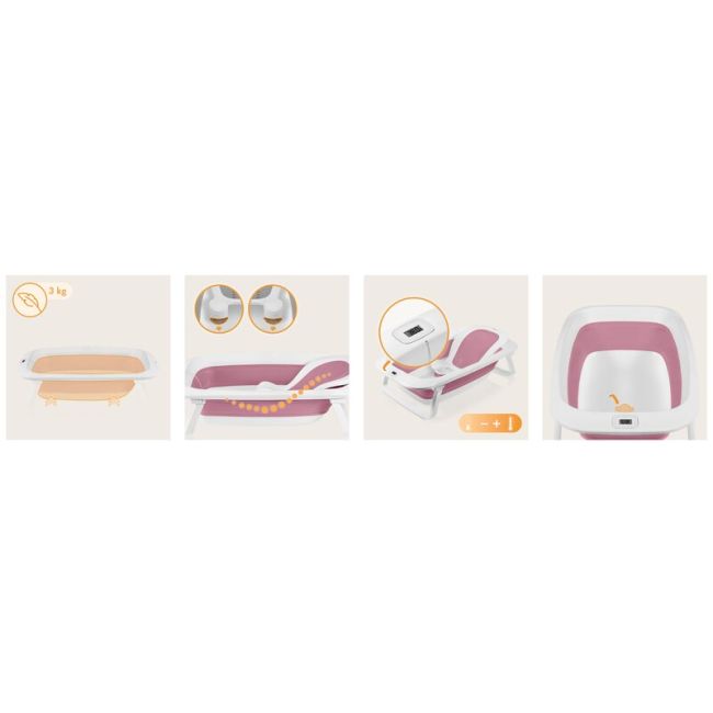 Cadita pliabila, Lionelo, Bubble, Suport anatomic si dop incluse, Cu termometru, Capacitate 50 l, 85 x 50 cm, Roz BYNLOC-BABY_BUBBLE_PINK_MAGNOLIA