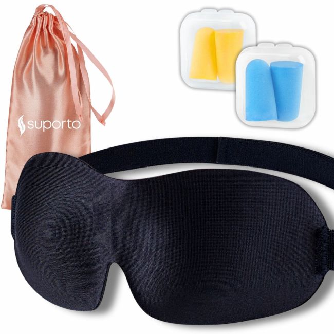Masca de dormit Suporto 3D cu saculet Roz Peach, masca de somn premium, reglabila, blochează lumina în totalitate, cu 2 seturi de dopuri de urechi SPTMASC1PCH