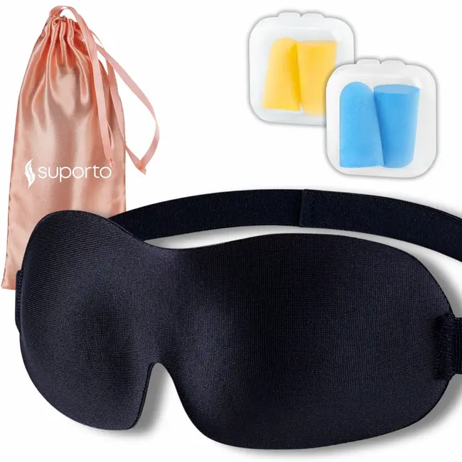 Masca de dormit Suporto 3D cu saculet Roz Peach, masca de somn premium, reglabila, blochează lumina &icirc;n totalitate, cu 2 seturi de dopuri de urechi SPTMASC1PCH