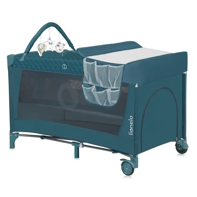 Patut pliant, Lionelo, Flower, Cu doua nivele, Cu arcada, Geanta transport, Masuta de infasat, Bara cu jucarii, Fereastra laterala, 120x60 cm, Conform cu standardele europeane de securitate EN 716 si EN12221, Verde BYNLO-FLOWER_GREEN_TURQUOISE