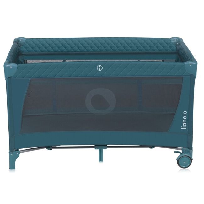 Patut pliant, Lionelo, Flower, Cu doua nivele, Cu arcada, Geanta transport, Masuta de infasat, Bara cu jucarii, Fereastra laterala, 120x60 cm, Conform cu standardele europeane de securitate EN 716 si EN12221, Verde BYNLO-FLOWER_GREEN_TURQUOISE