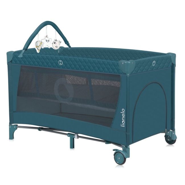 Patut pliant, Lionelo, Flower, Cu doua nivele, Cu arcada, Geanta transport, Masuta de infasat, Bara cu jucarii, Fereastra laterala, 120x60 cm, Conform cu standardele europeane de securitate EN 716 si EN12221, Verde BYNLO-FLOWER_GREEN_TURQUOISE