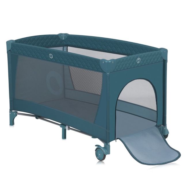 Patut pliant, Lionelo, Flower, Cu doua nivele, Cu arcada, Geanta transport, Masuta de infasat, Bara cu jucarii, Fereastra laterala, 120x60 cm, Conform cu standardele europeane de securitate EN 716 si EN12221, Verde BYNLO-FLOWER_GREEN_TURQUOISE
