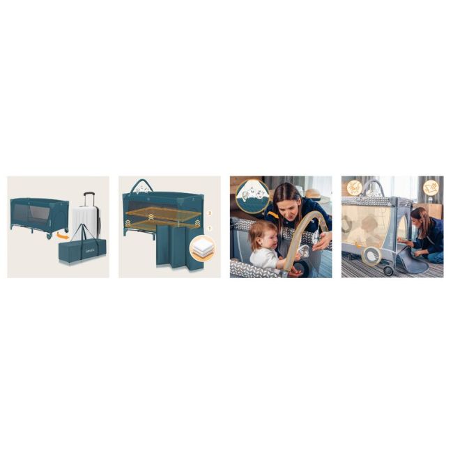 Patut pliant, Lionelo, Flower, Cu doua nivele, Cu arcada, Geanta transport, Masuta de infasat, Bara cu jucarii, Fereastra laterala, 120x60 cm, Conform cu standardele europeane de securitate EN 716 si EN12221, Verde BYNLO-FLOWER_GREEN_TURQUOISE