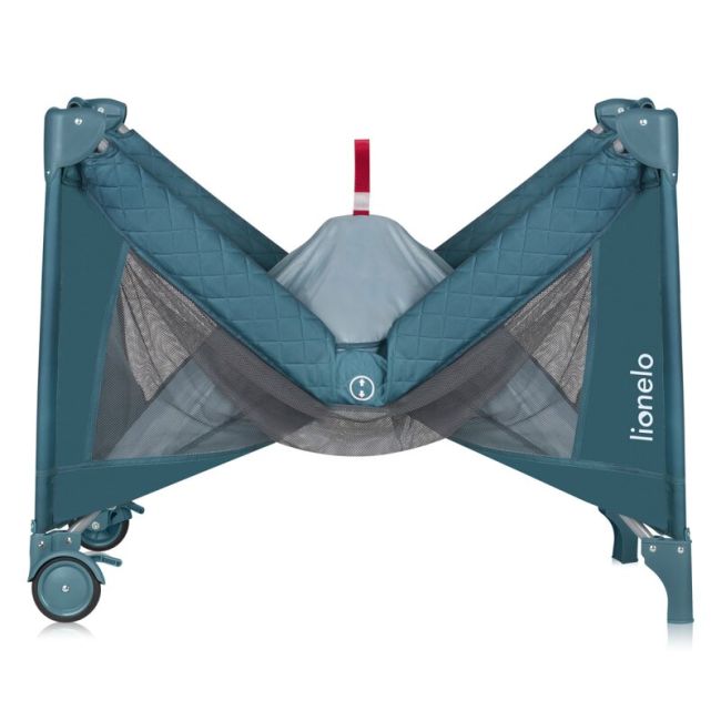 Patut pliant, Lionelo, Flower, Cu doua nivele, Cu arcada, Geanta transport, Masuta de infasat, Bara cu jucarii, Fereastra laterala, 120x60 cm, Conform cu standardele europeane de securitate EN 716 si EN12221, Verde BYNLO-FLOWER_GREEN_TURQUOISE