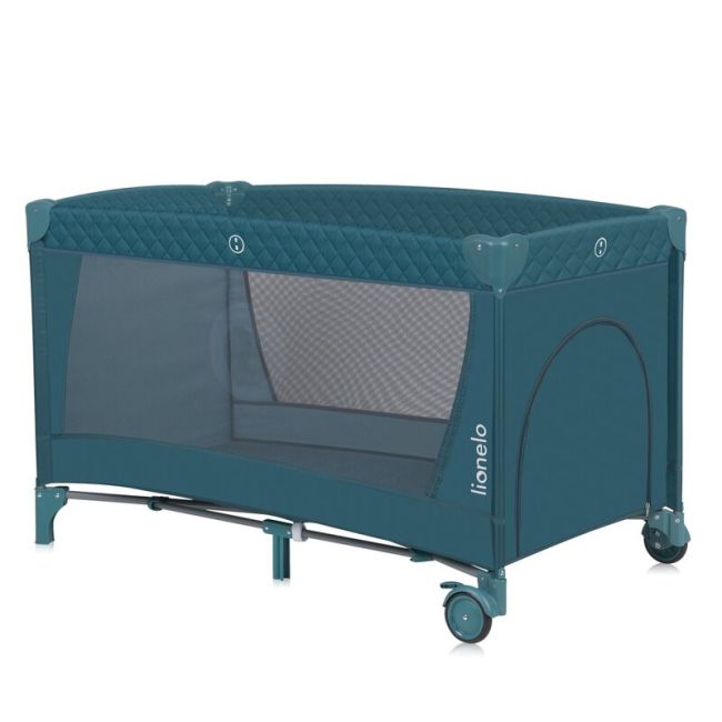 Patut pliant, Lionelo, Flower, Cu doua nivele, Cu arcada, Geanta transport, Masuta de infasat, Bara cu jucarii, Fereastra laterala, 120x60 cm, Conform cu standardele europeane de securitate EN 716 si EN12221, Verde BYNLO-FLOWER_GREEN_TURQUOISE