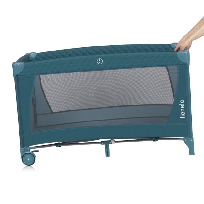 Patut pliant, Lionelo, Flower, Cu doua nivele, Cu arcada, Geanta transport, Masuta de infasat, Bara cu jucarii, Fereastra laterala, 120x60 cm, Conform cu standardele europeane de securitate EN 716 si EN12221, Verde BYNLO-FLOWER_GREEN_TURQUOISE