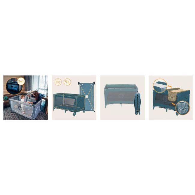 Patut pliant, Lionelo, Flower, Cu doua nivele, Cu arcada, Geanta transport, Masuta de infasat, Bara cu jucarii, Fereastra laterala, 120x60 cm, Conform cu standardele europeane de securitate EN 716 si EN12221, Verde BYNLO-FLOWER_GREEN_TURQUOISE
