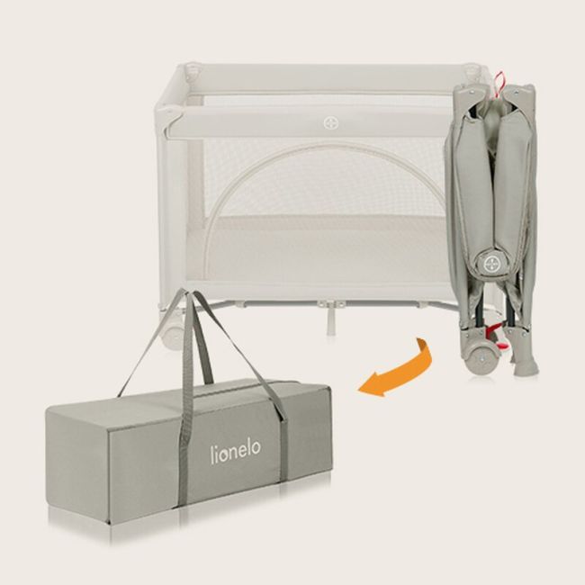 Patut pliant, Lionelo, Laura, 102 x 74 cm, Cu doua nivele, Functie de tarc, Cu roti, Include salteluta si geanta de transport, Pereti din plasa, Deschidere laterala, Pana la 15 kg, 0 luni +, Bej BYNLO-LAURA_BEIGE_SAND
