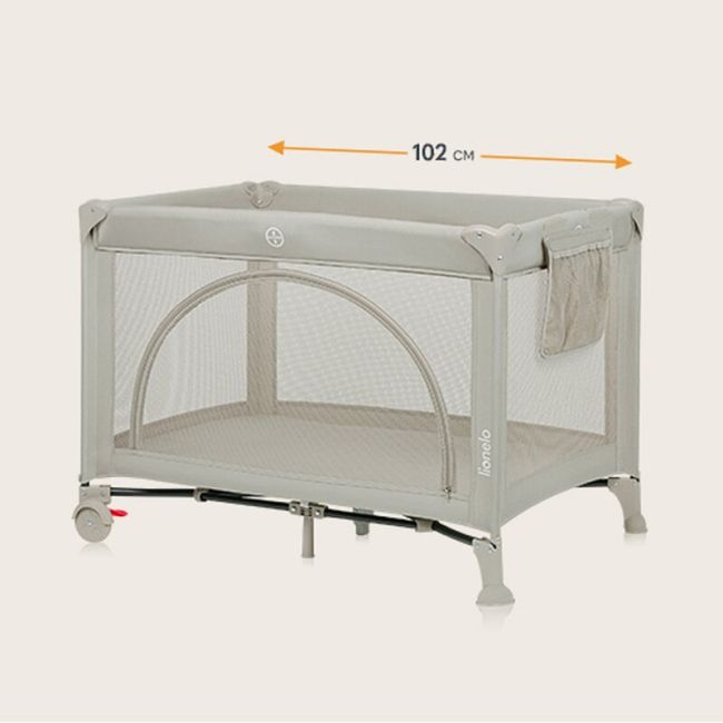 Patut pliant, Lionelo, Laura, 102 x 74 cm, Cu doua nivele, Functie de tarc, Cu roti, Include salteluta si geanta de transport, Pereti din plasa, Deschidere laterala, Pana la 15 kg, 0 luni +, Bej BYNLO-LAURA_BEIGE_SAND