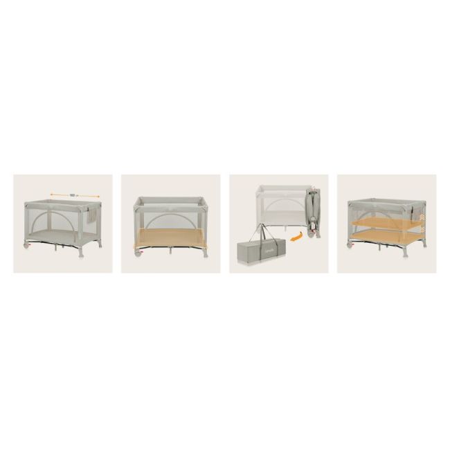 Patut pliant, Lionelo, Laura, 102 x 74 cm, Cu doua nivele, Functie de tarc, Cu roti, Include salteluta si geanta de transport, Pereti din plasa, Deschidere laterala, Pana la 15 kg, 0 luni +, Bej BYNLO-LAURA_BEIGE_SAND